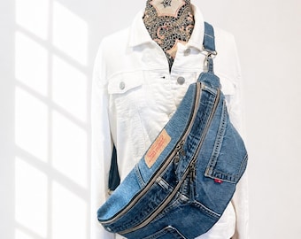 Levi’s Denim Fanny Pack Crossbody Bag, Handmade Jean Bum Bag, Festival Belt Bag, Adjustable Sling Bag, Large Everyday Waist Pack