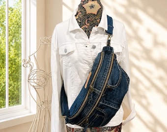 Marsupio medio in denim Levi's riciclato, borsa a tracolla in jeans fatta a mano, marsupio da cintura