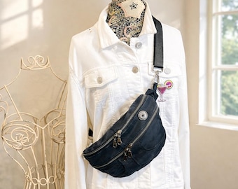 Black Denim Sling Bag, Small Handmade Crossbody Belt Bag, Upcycled Denim Fanny Pack, Festival Waist Bag, Multi Zip Everyday Travel Bag