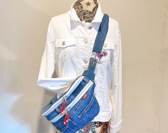 Denim Sling Bag, 2 Slide-In and 2 Two-Way Zipper Pockets, Full Lining w. Pocket, Sustainable, Zero Waste, Adjustable Strap, Eco-conscious,