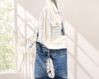 Upcycled Denim Crossbody Purse, Handmade Blue Jean Shoulder Bag with Zipper and Anchor Lining