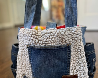 Jean Purse, Upcycled High-Quality Denim/Fleece Bag, Fully Lined, Handmade, Small Size, Sustainable Living Zero Waste - All Reused Materia