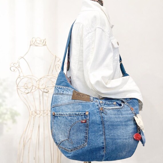 Upcycled Denim Hobo Bag: Distressed Jean Crossbody Purse With 