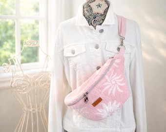 Handmade Pink Sling Bag | Floral Lined Crossbody Fanny Pack | Soft Terry Cloth Summer Bag