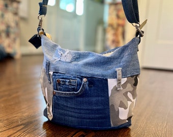 Patchwork Denim Handbag in Boho Style. Different Shades of Denim & Camo, Many Inside Pockets, Adjustable and Detachable Strap,Zipper Closing