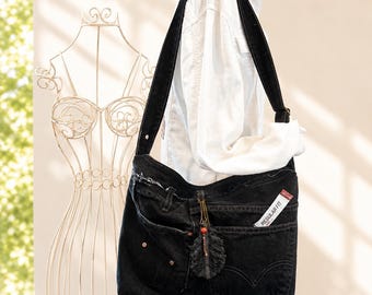 Upcycled Levi’s Laptop Bag | Handmade Black Denim Purse | One of a Kind Recycled Jean Shoulder Bag |  Boho Tote with Pockets