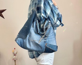 Slouchy Denim Bag| Handmade Jean Patchwork Purse | Recycled Blue Jean Shoulder Bag | Boho Eco-Friendly Bag | Giant Clutch