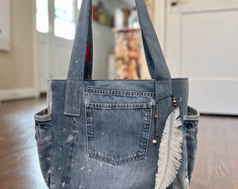 Jean Tote, Large, Blue Upcycled from Used Materials, Sustainable Shopper, Many Pockets, Hook for key, Zero Waste, Handmade, Eco-conscious
