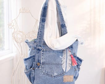 Distressed Denim Tote Bag, Upcycled Jeans Purse with Pockets, Handmade Blue Jean Shoulder Bag