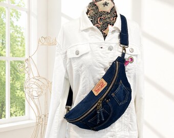 Medium Indigo Denim Sling Bag | Upcycled Levi’s Jeans Crossbody Bag | Handmade Fanny Pack | Adjustable Strap | One of a Kind