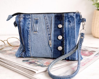 Denim Wristlet Pouch with Zipper & Button Detail, Small Upcycled Jean Clutch, Blue Patchwork Makeup Bag, Small Everyday Carry