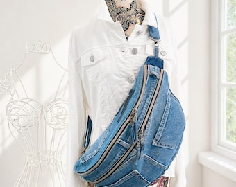 Denim Sling Bag, Crossbody Fanny Pack, Adjustable Strap, Multi-Pocket, Handmade Reworked Jeans Bag