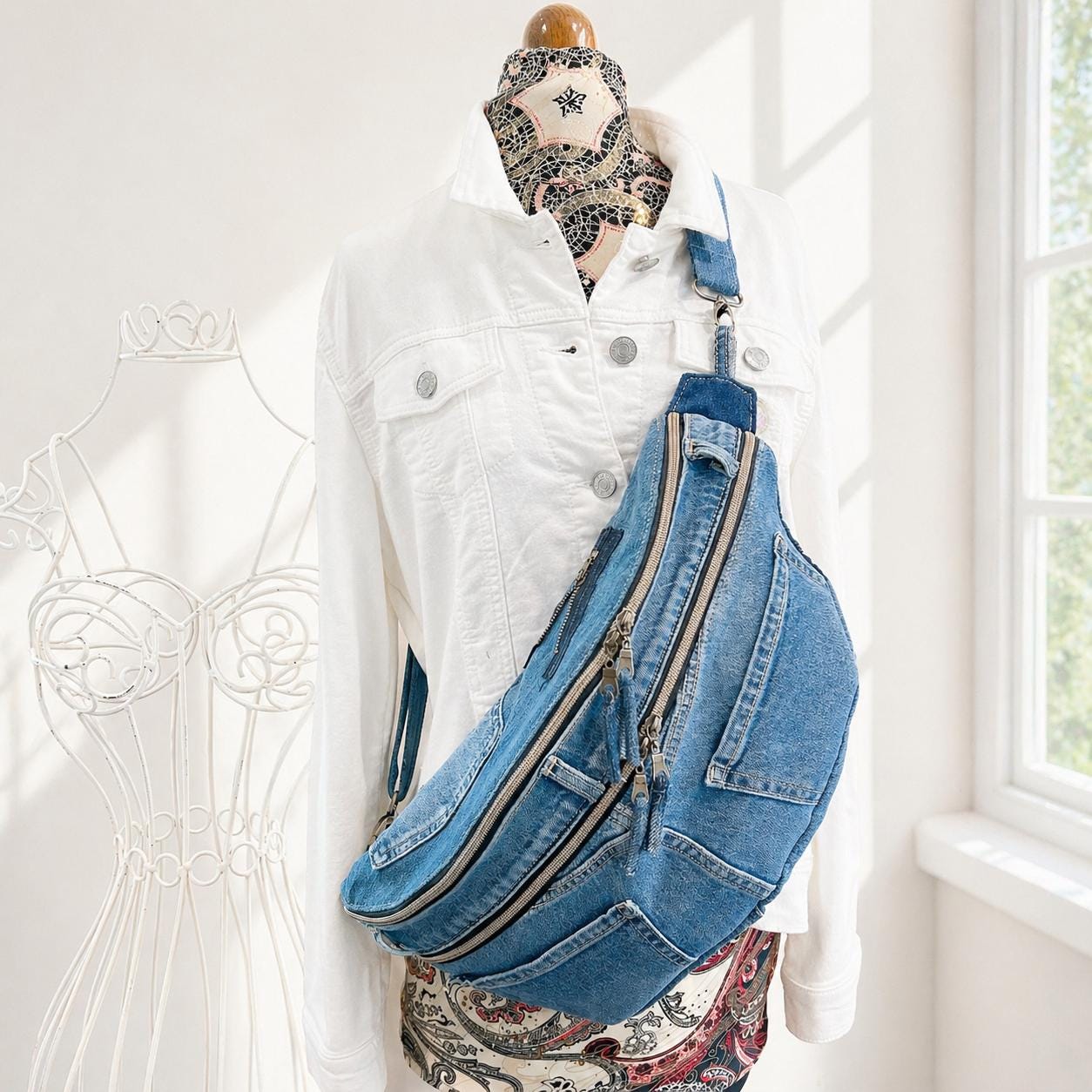Denim Sling Bag, Crossbody Fanny Pack, Adjustable Strap, Multi