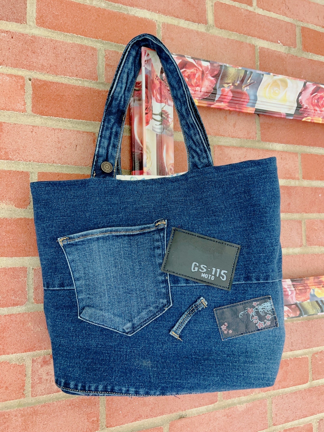 Handbag in Dark Blue, Drawstring Closing, Unique Sustainable Medium ...