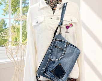 Upcycled Denim Wristlet Clutch – Bandana Lining – Denim Pouch – Evening Bag – Handmade Jean Purse