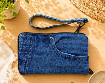 Upcycled Denim Wristlet Wallet, Travel Wallet Clutch, 12 Card Slot Wallet, Phone & Passport Holder, Zipper Coin Pocket