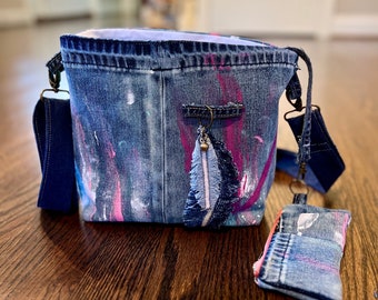 Sustainable Denim Purse from painted Jean, Adjustable and Detachable Strap, with small Wallet on a hook, All Repurposed Materials, No Waste