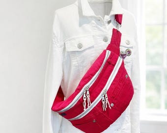 Pink Denim Crossbody Bag: Upcycled Jeans Sling Bag - Fanny Pack