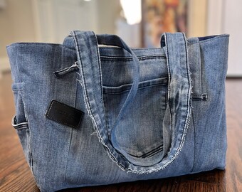 Tote in Functional Denim, Large Jeans Shopper, Upcycled from Used Materials, Sustainable Bag with Many Pockets, No Waste Handmade Excellence