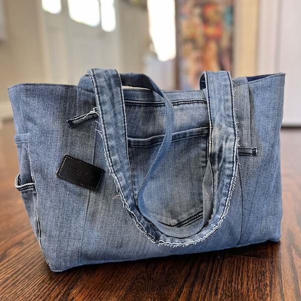 Tote in Functional Denim, Large Jeans Shopper, Upcycled from Used Materials, Sustainable Bag with Many Pockets, No Waste Handmade Excellence