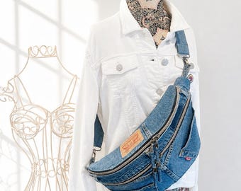 Levi’s Denim Fanny Pack Crossbody Bag, Handmade Jean Bum Bag, Festival Belt Bag, Adjustable Sling Bag, Medium Size Everyday Waist Pack