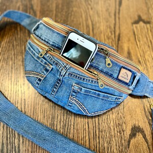 Small Denim Sling Bag, Sustainable From Distressed Jeans, Jordache label, 2 Slide-in Pockets, 2 Two-Way Zipper Pockets and Inside Pocket zdjęcie 6