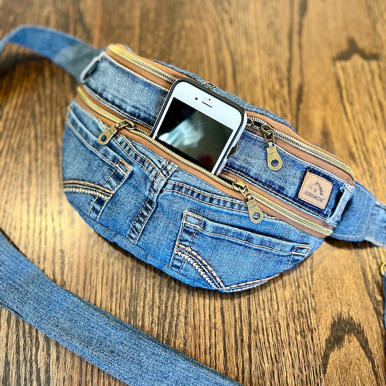 Small Denim Sling Bag, Sustainable From Distressed Jeans, Jordache label, 2 Slide-in Pockets, 2 Two-Way Zipper Pockets and Inside Pocket zdjęcie 6