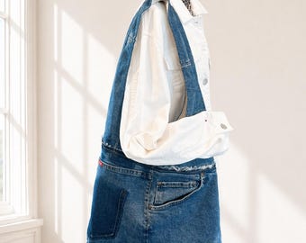 Handmade Upcycled Denim Hobo Bag, Slouchy Jean Shoulder Bag, Everyday Blue Denim Tote, Recycled Jeans Purse
