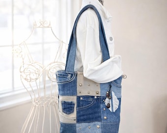 Patchwork Jean Shoulder Bag, Handmade Upcycled Denim Tote Bag –  with many Pockets | Eco-Friendly One-of-a-Kind Gift