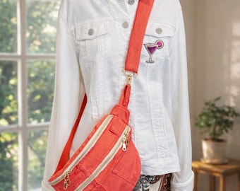 Spring Orange Sling Bag: Recycled Denim Fanny Pack, Jean Waist Bag, Handmade Handbag