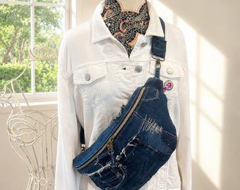 Upcycled Distressed Denim Fanny Pack | Handmade Crossbody Sling Bag | Medium Size Festival Bag | Recycled Jeans Belt Bag with Pockets