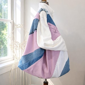 Japońska torba origami z węzłem – patchworkowa torba z dżinsu z recyklingu – ręcznie robiona torba typu hobo z dżinsu z recyklingu – zrównoważona torba na ramię w stylu boho