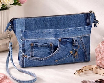 Reworked Denim Wristlet Clutch with Front Pocket Detail, Blue Jean Zipper Pouch, Bandana Lined Evening Bag, Handmade Wrist Strap Purse