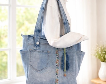Handmade Upcycled Denim Tote – Recycled Jeans Bag with Inner Zipper & Pockets, Sustainable Boho Shoulder Tote, One-of-a-Kind Everyday Bag