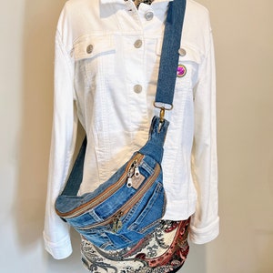 Small Denim Sling Bag, Sustainable From Distressed Jeans, Jordache label, 2 Slide-in Pockets, 2 Two-Way Zipper Pockets and Inside Pocket zdjęcie 1