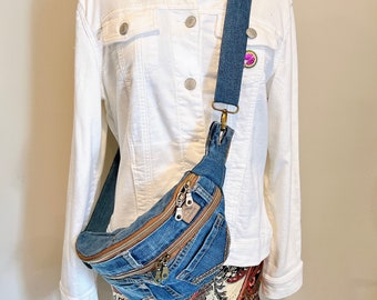 Small Denim Sling Bag, Sustainable From Distressed Jeans, “Jordache” label, 2 Slide-in Pockets, 2 Two-Way Zipper Pockets and Inside Pocket