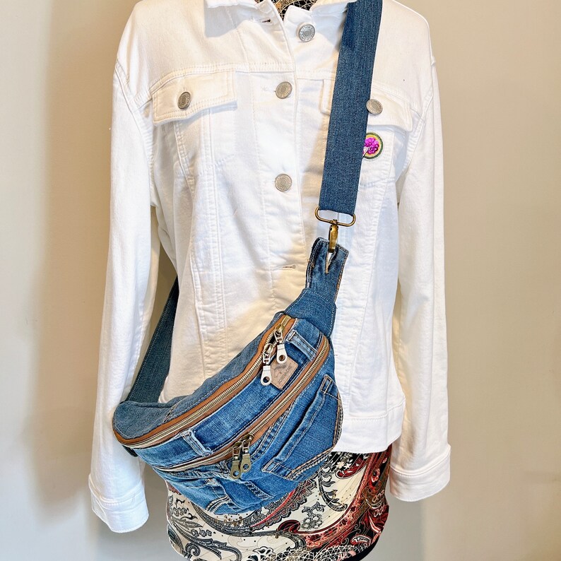 Small Denim Sling Bag, Sustainable From Distressed Jeans, Jordache label, 2 Slide-in Pockets, 2 Two-Way Zipper Pockets and Inside Pocket zdjęcie 1