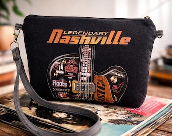 Upcycled Nashville Shirt Clutch, Nashville Music Guitar Pouch, Country Music Bag, Handmade Nashville Tennessee Clutch, Festival Concert Bag