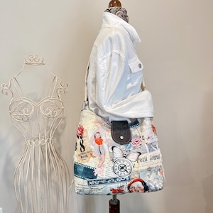 Vintage Pin-Up Print Handbag, Denim Purse, Jean Shoulderbag, Crossbody Bag with Dark Denim back side with Fringes, Eco-friendly Purse