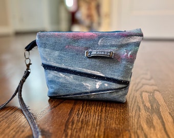 Pouch from Painted Retro Jean, Clutch & Makeup Bag, Fully Lined with 2 Inside Pockets, Sustainable Style,  Chic, Vintage Denim Revival