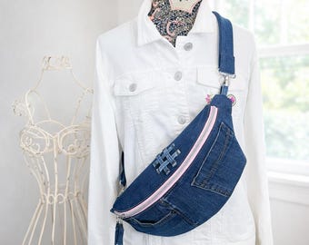 Upcycled Denim Fanny Pack Crossbody – One-of-a-Kind Jean Sling Bag with Pink Zipper & Phone Pocket