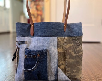 Medium Patchwork Tote Bag From Different Jeans, Shopper, Many Pockets, Belt Straps, Fun Features, Artisan craftsmanship, Eco-friendly