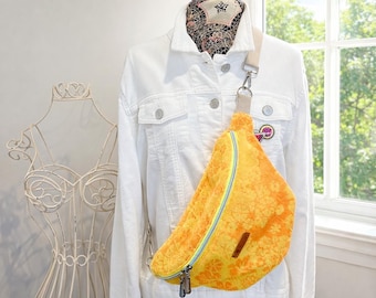 Boho Towel Sling Bag Crossbody – Handmade Orange Yellow Fanny Pack, Upcycled Fabric Shoulder Bag, Summer Travel Bag