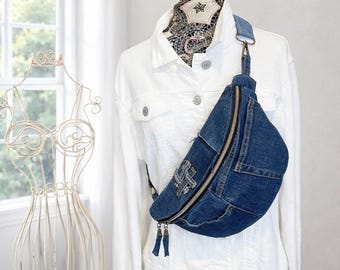 Upcycled Denim Sling Bag – Handmade Crossbody Fanny Pack with Pockets, One-of-a-Kind Sustainable Jean Bag