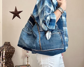Giant Denim Clutch | Handmade Jean Patchwork Purse | Recycled Blue Jean Shoulder Bag | Boho Eco-Friendly Bag | Slouchy Oversized Clutch