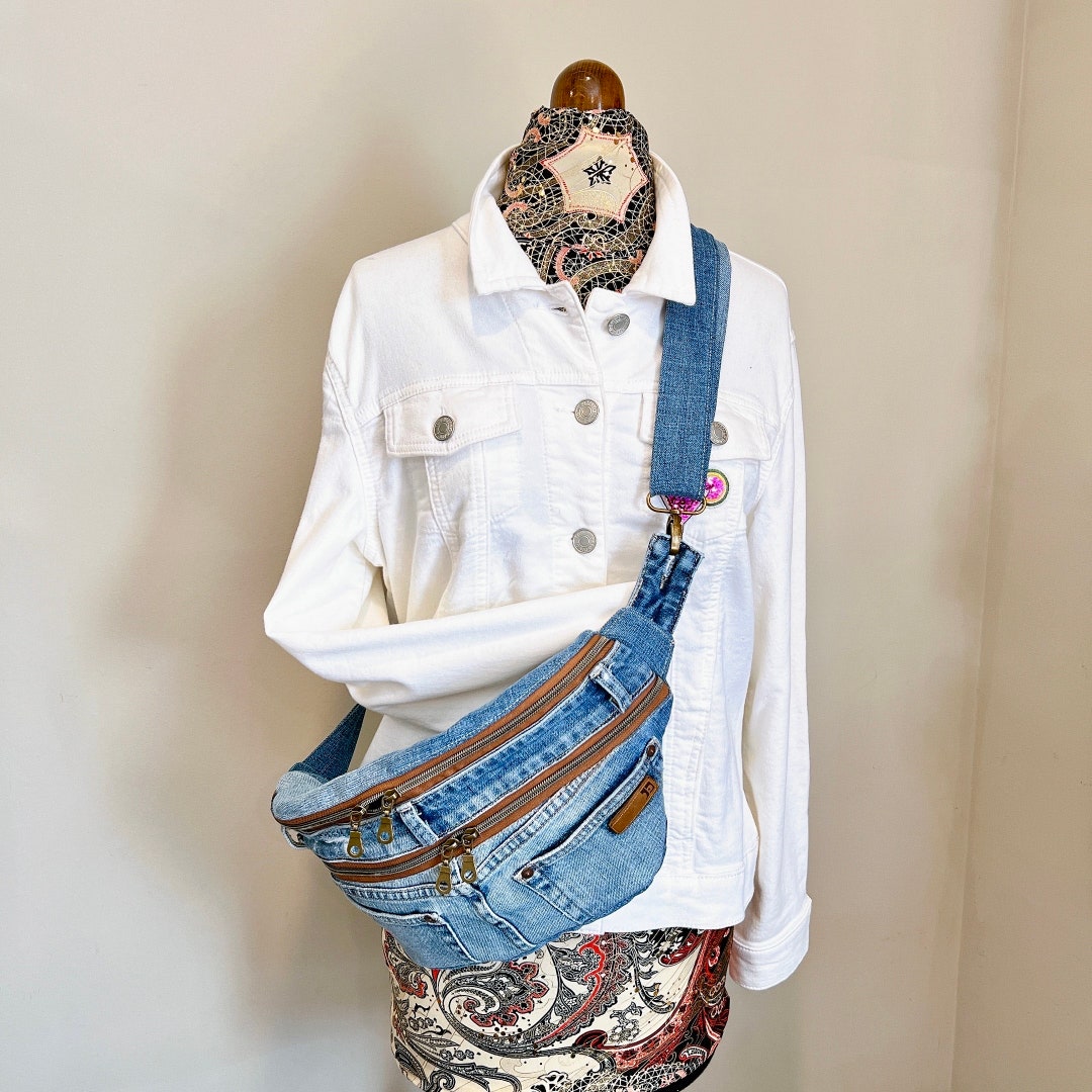 Vintage Fanny Pack From Highquality Jeans, Repurposed With Multiple
