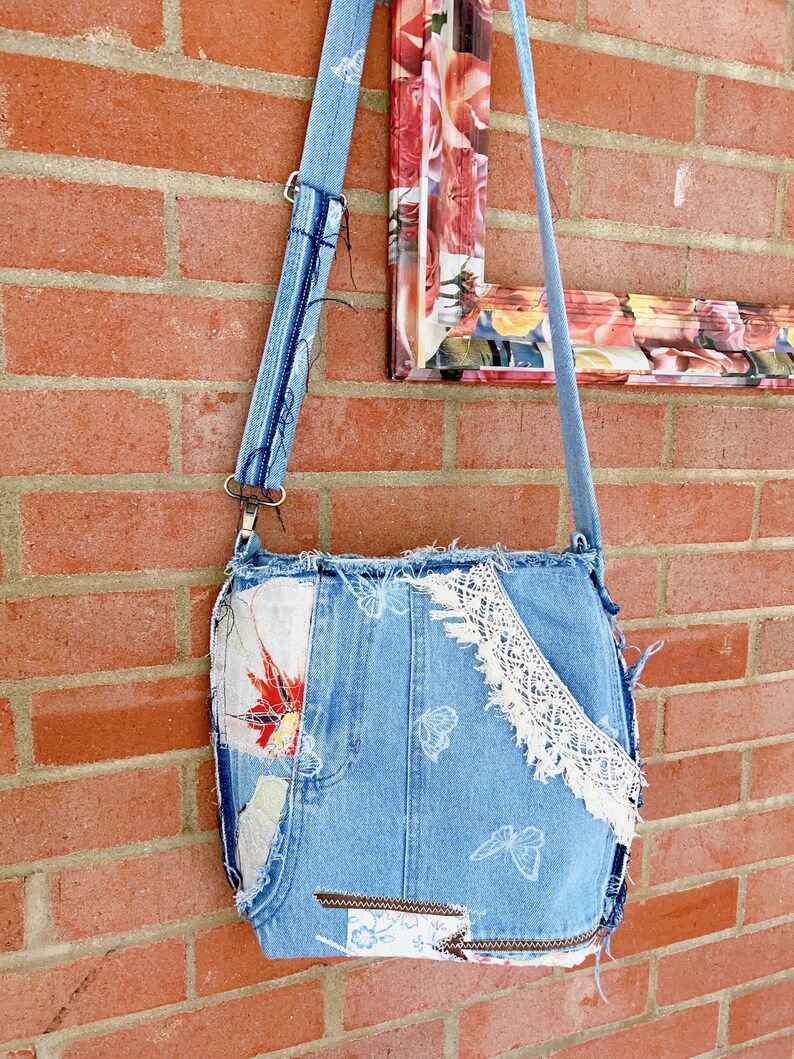 Purse in Boho Style, Light Blue Denim Bag, Recycled Jean, Lace & Fabric