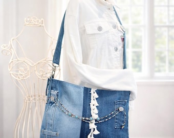 Boho Denim Hobo Clutch | Recycled Jean Wristlet Bag with Fringe | Handmade Eco Crossbody Purse | Festival Ready Accessory
