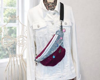 Upcycled Denim Sling Bag: Plum & Blue Jean Fanny Pack, Denim Purse, Handmade Handbag