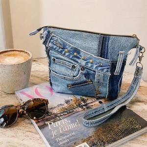Denim Wristlet Clutch Upcycled Jeans, Patchwork Blue Jean Pouch, Handmade Zipper Bag, Small Evening Purse with Key Clip